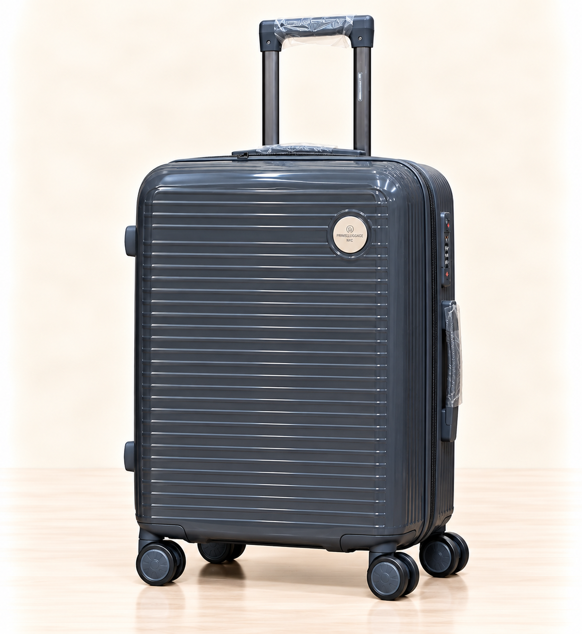 A three-piece pink luggage set consisting of a large spinner suitcase, a medium spinner suitcase, and a matching small handbag, all with telescoping handles and wheels, shown on a light beige background. 
