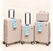 A three-piece pink luggage set consisting of a large spinner suitcase, a medium spinner suitcase, and a matching small handbag, all with telescoping handles and wheels, shown on a light beige background. 