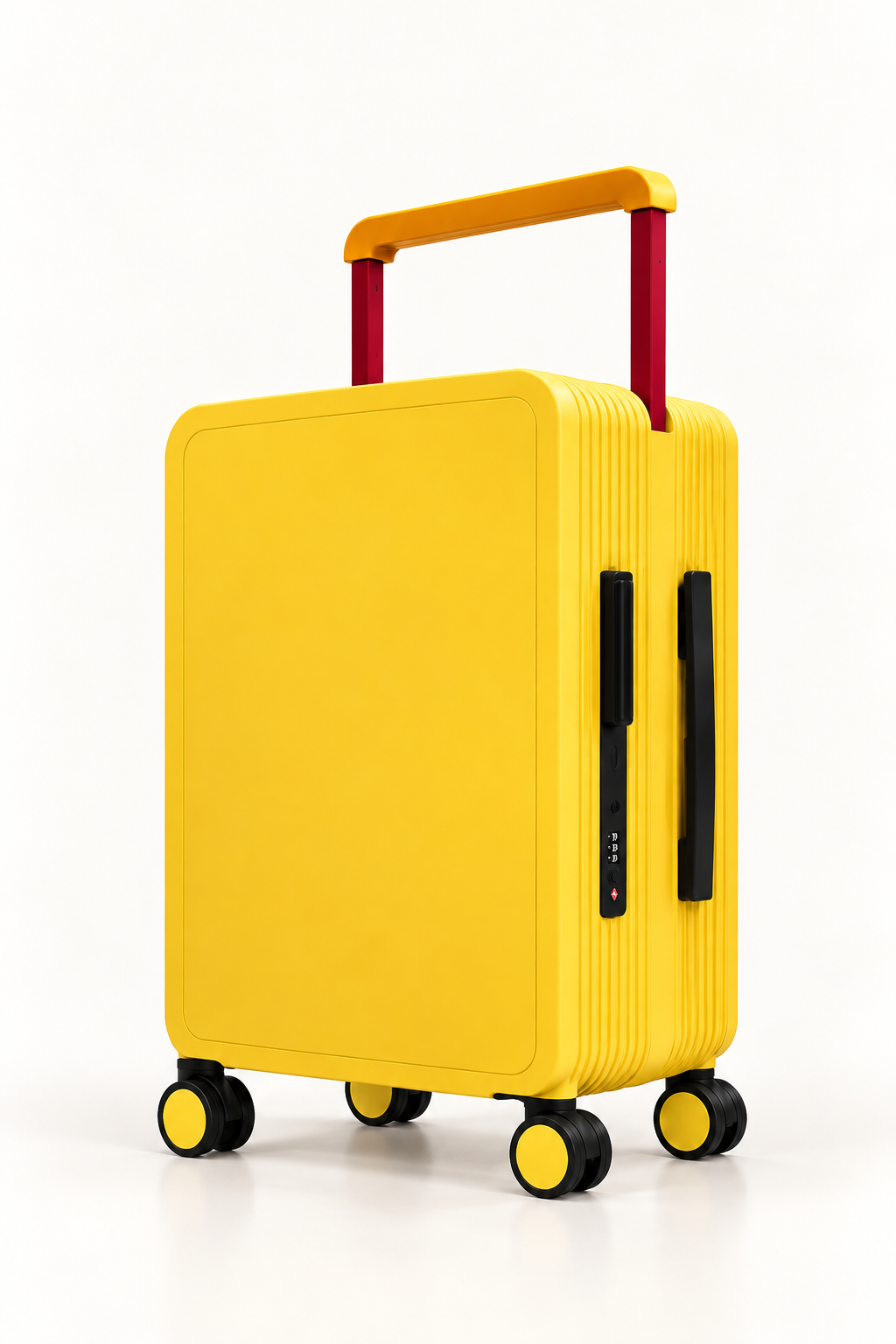 A bright yellow hard-shell rolling suitcase with black handles and wheels, featuring a red telescoping handle and a yellow carry handle, shown on a clean white background.