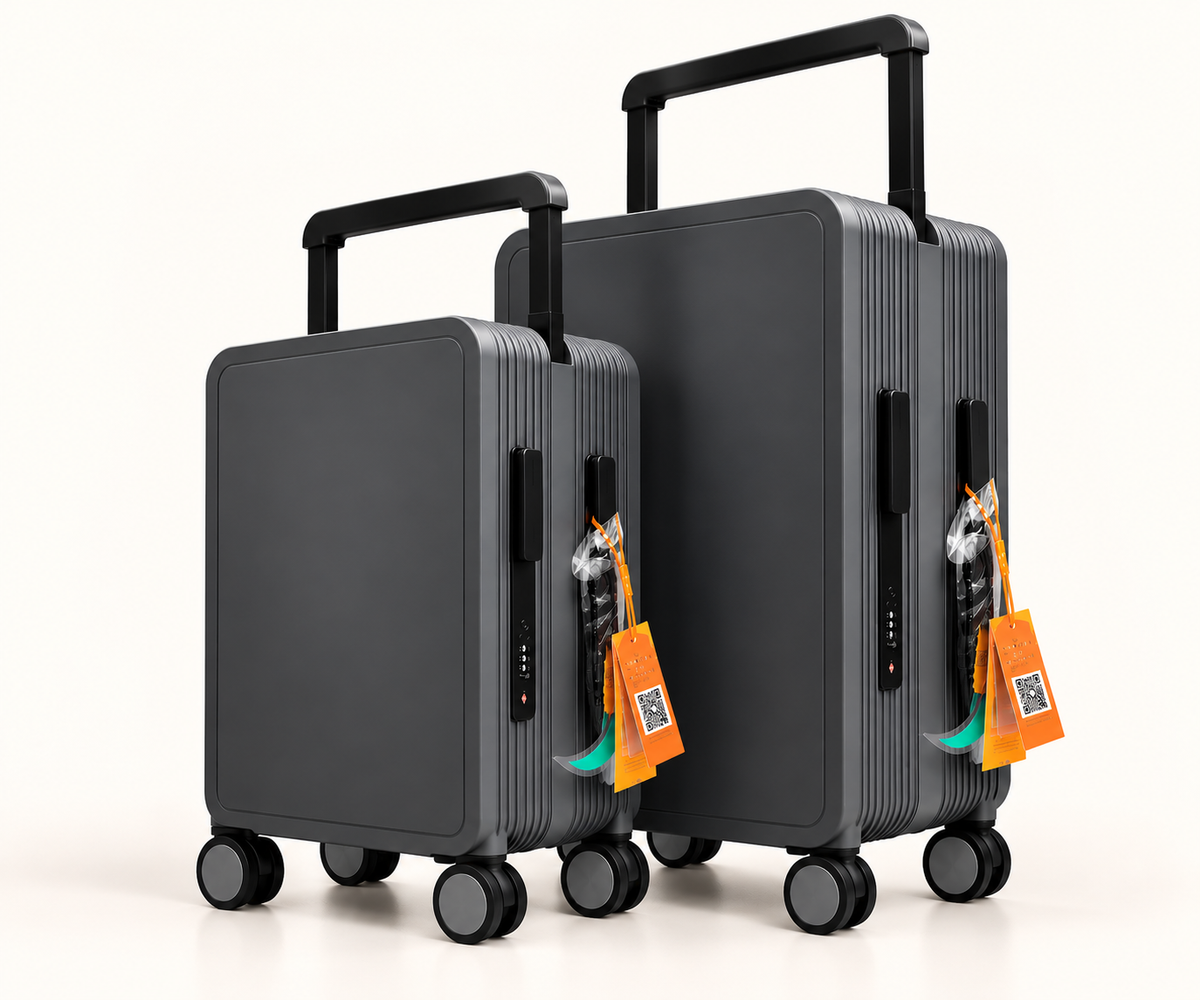 Two dark gray hard-shell spinner suitcases with telescoping handles, shown on a clean white studio background. The larger suitcase stands behind the smaller one, and both have bright orange luggage tags attached.