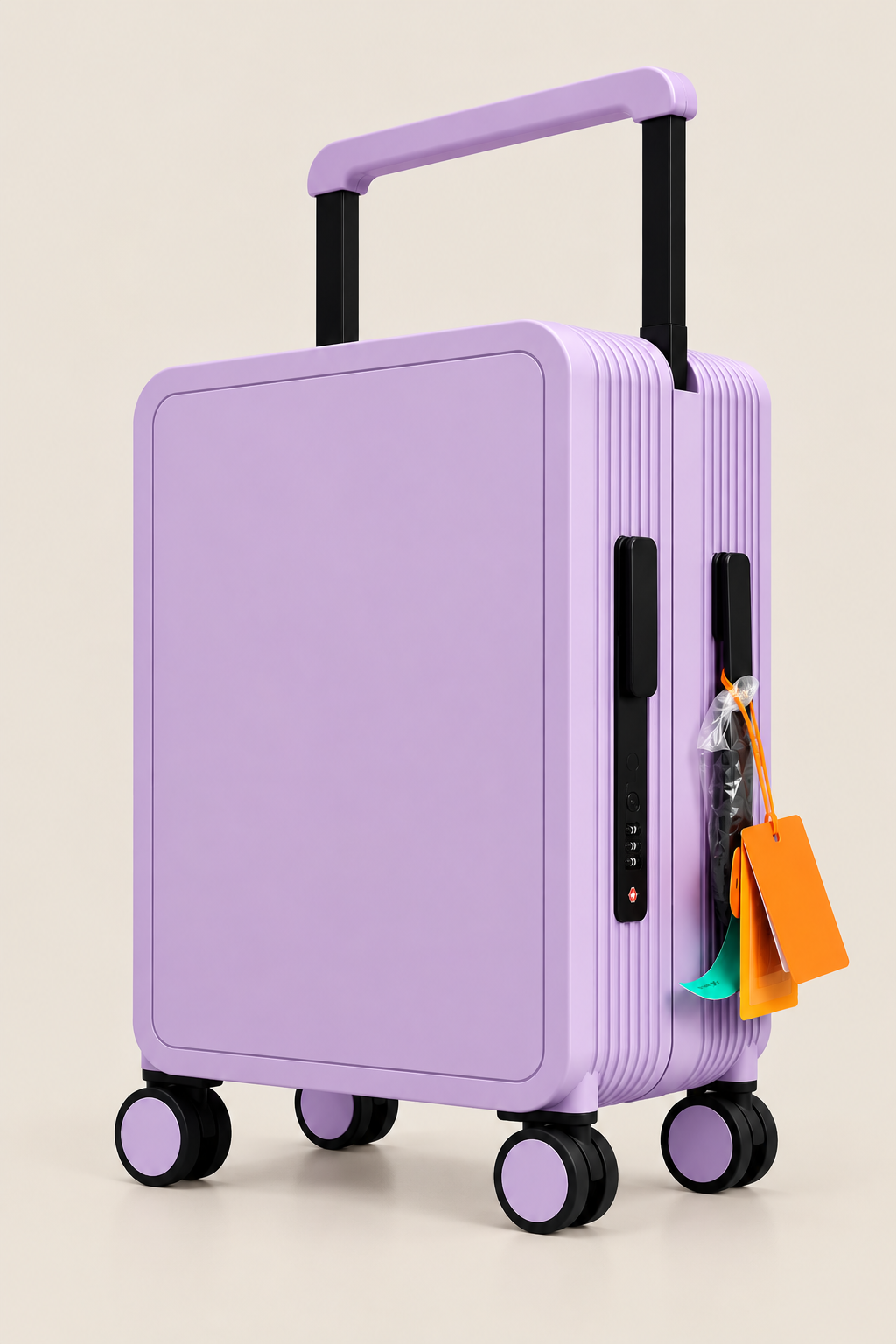 A lavender purple hard-shell carry-on suitcase with black wheels and an extended telescoping handle, shown on a plain beige studio background. A small orange luggage tag hangs from the side handle.