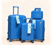A three-piece pink luggage set consisting of a large spinner suitcase, a medium spinner suitcase, and a matching small handbag, all with telescoping handles and wheels, shown on a light beige background. 