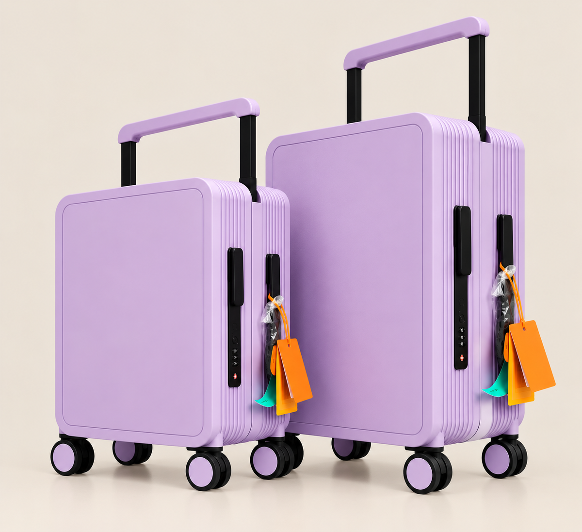 Two lavender purple hard-shell spinner suitcases with telescoping handles and colorful shopping tags, shown on a clean light beige studio background.