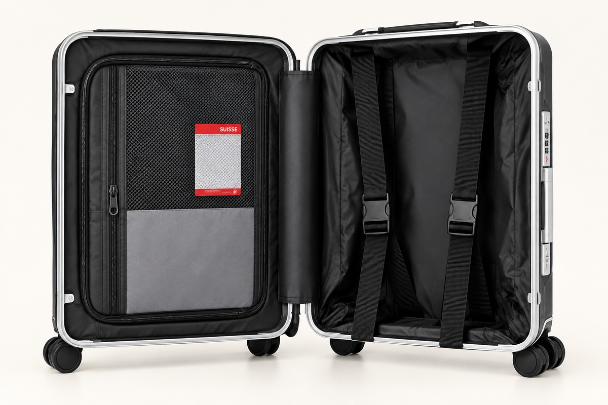 An open hard-shell suitcase with a silver frame and black interior, showing a zippered compartment with a mesh pocket and a red-and-white luggage tag on the left, plus two black compression straps on the right, photographed on a clean white background.