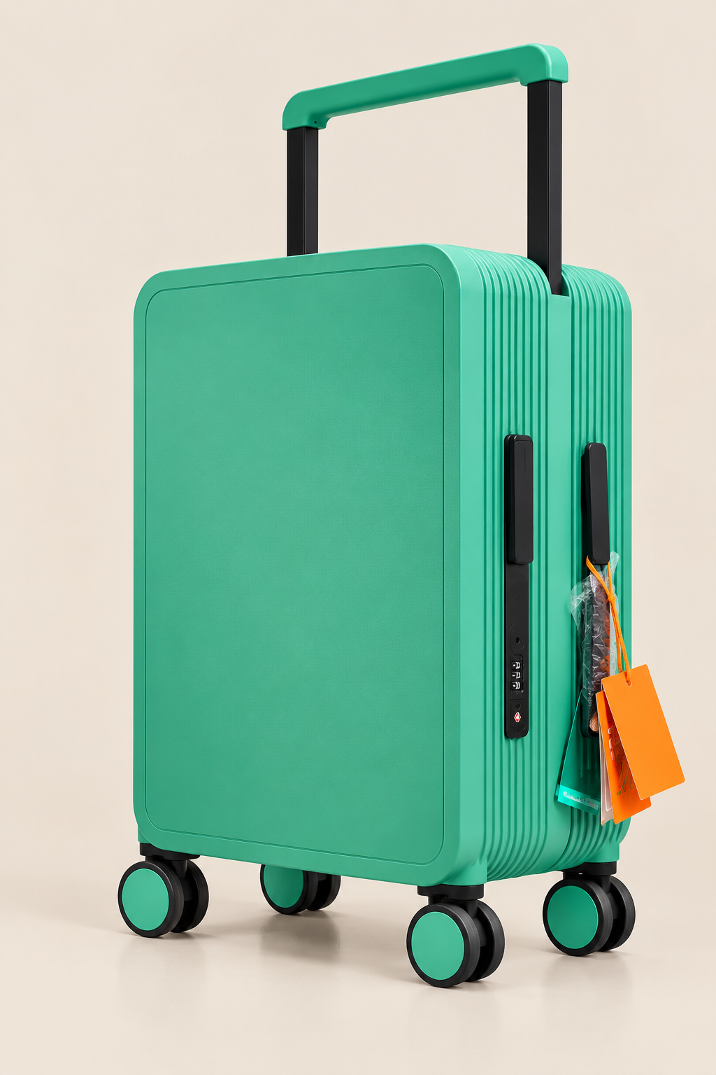 A mint green hard-shell spinner suitcase with a telescoping handle extended, shown on a clean beige background. It features black side handles, black wheels, and an orange luggage tag hanging from a side loop.