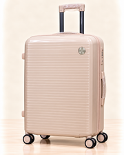 A three-piece pink luggage set consisting of a large spinner suitcase, a medium spinner suitcase, and a matching small handbag, all with telescoping handles and wheels, shown on a light beige background. 