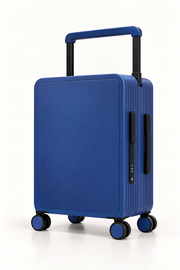 A blue hard-shell spinner suitcase with a telescoping handle extended, shown on a clean white background.