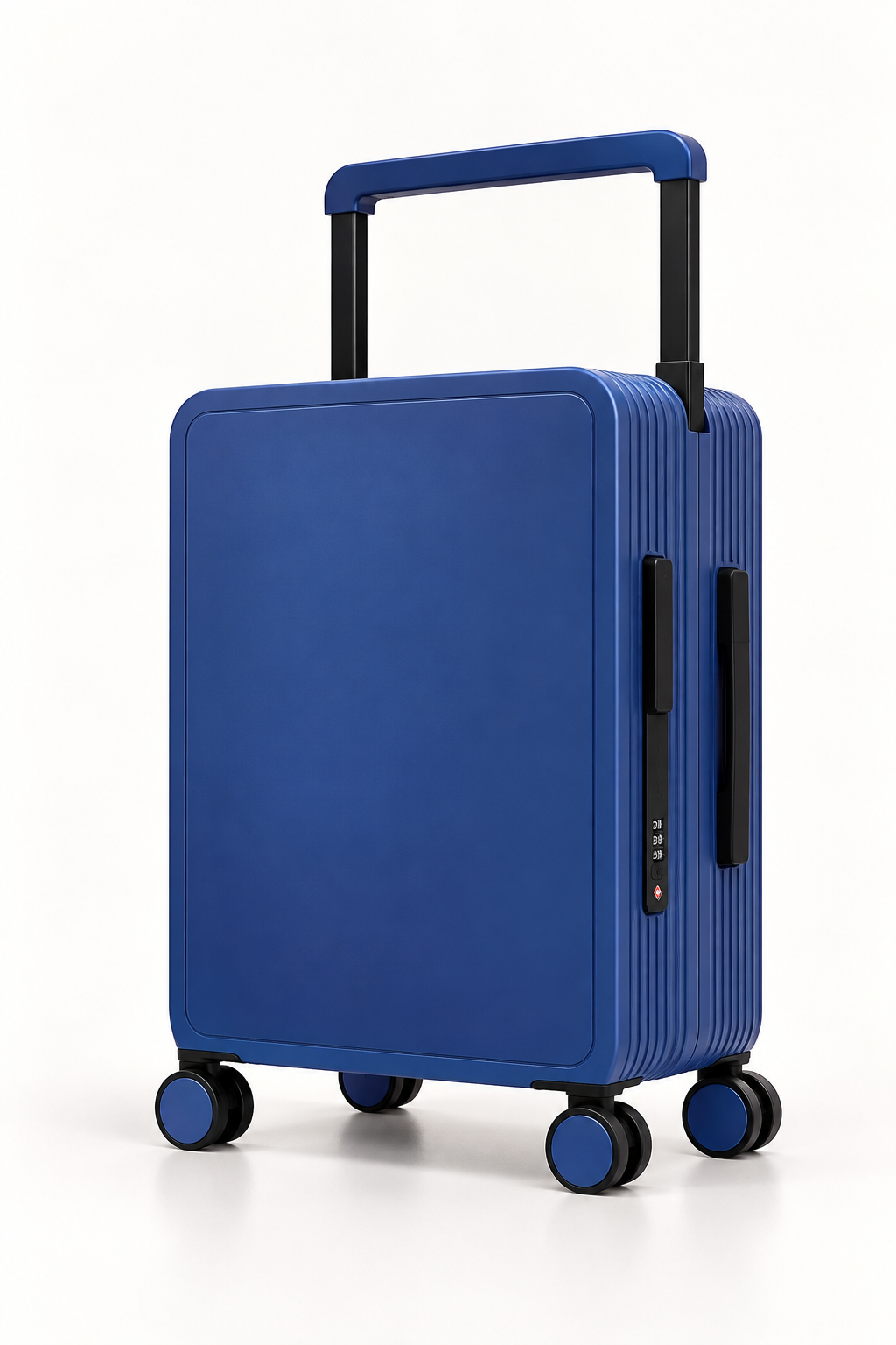 A blue hard-shell spinner suitcase with a telescoping handle extended, shown on a clean white background.