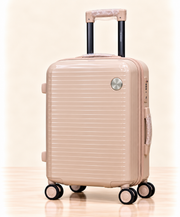 A three-piece pink luggage set consisting of a large spinner suitcase, a medium spinner suitcase, and a matching small handbag, all with telescoping handles and wheels, shown on a light beige background. 