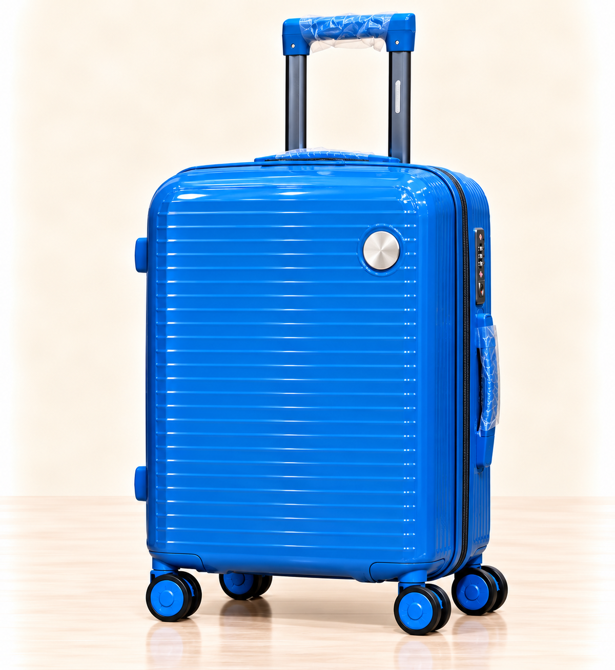 A three-piece pink luggage set consisting of a large spinner suitcase, a medium spinner suitcase, and a matching small handbag, all with telescoping handles and wheels, shown on a light beige background. 
