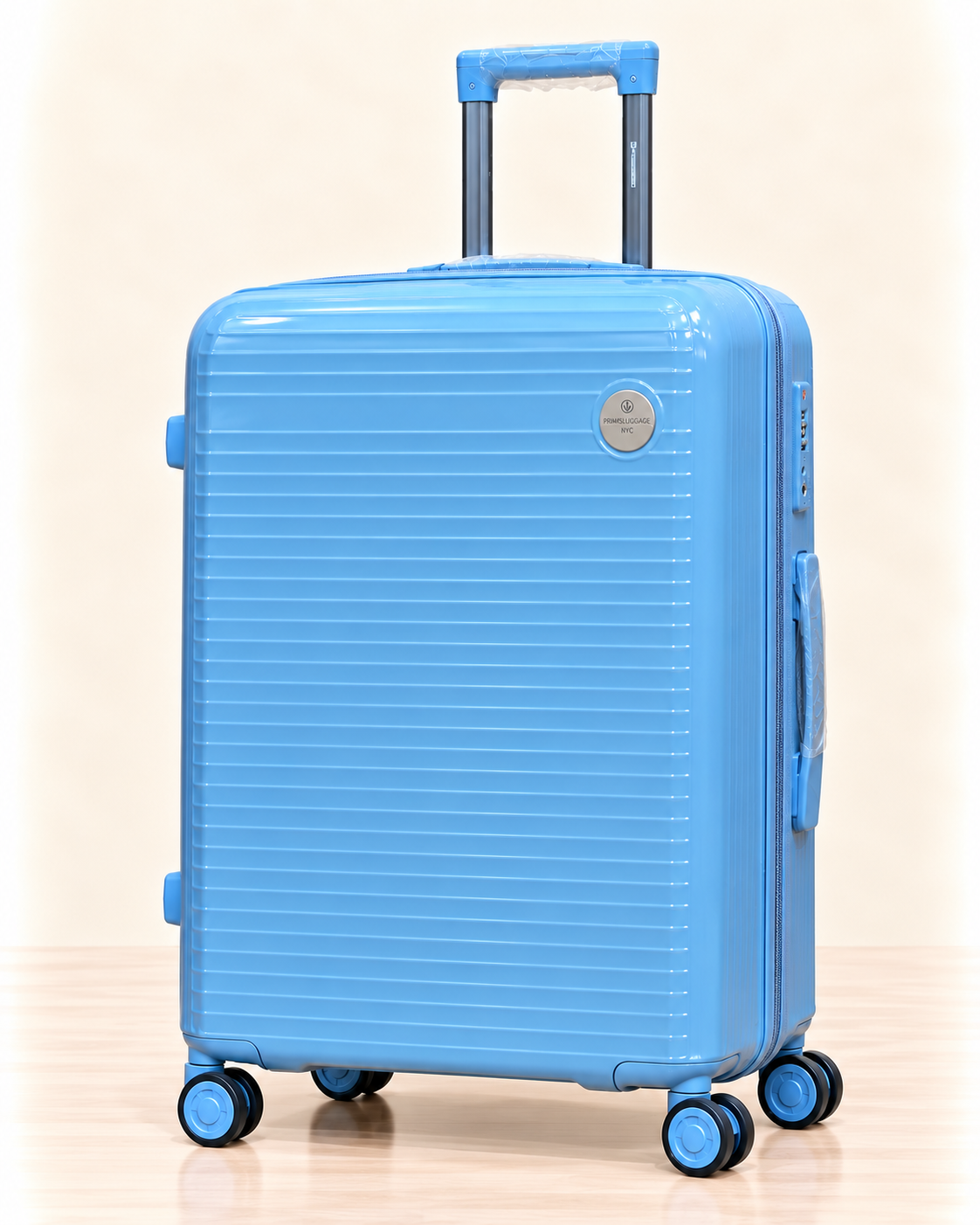A three-piece pink luggage set consisting of a large spinner suitcase, a medium spinner suitcase, and a matching small handbag, all with telescoping handles and wheels, shown on a light beige background. 