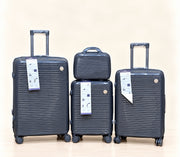 A three-piece pink luggage set consisting of a large spinner suitcase, a medium spinner suitcase, and a matching small handbag, all with telescoping handles and wheels, shown on a light beige background. 