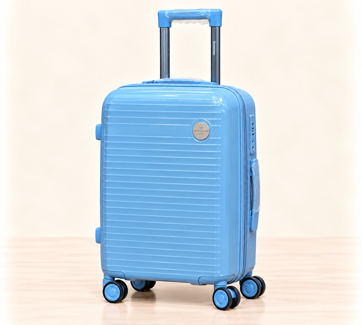 A three-piece pink luggage set consisting of a large spinner suitcase, a medium spinner suitcase, and a matching small handbag, all with telescoping handles and wheels, shown on a light beige background. 