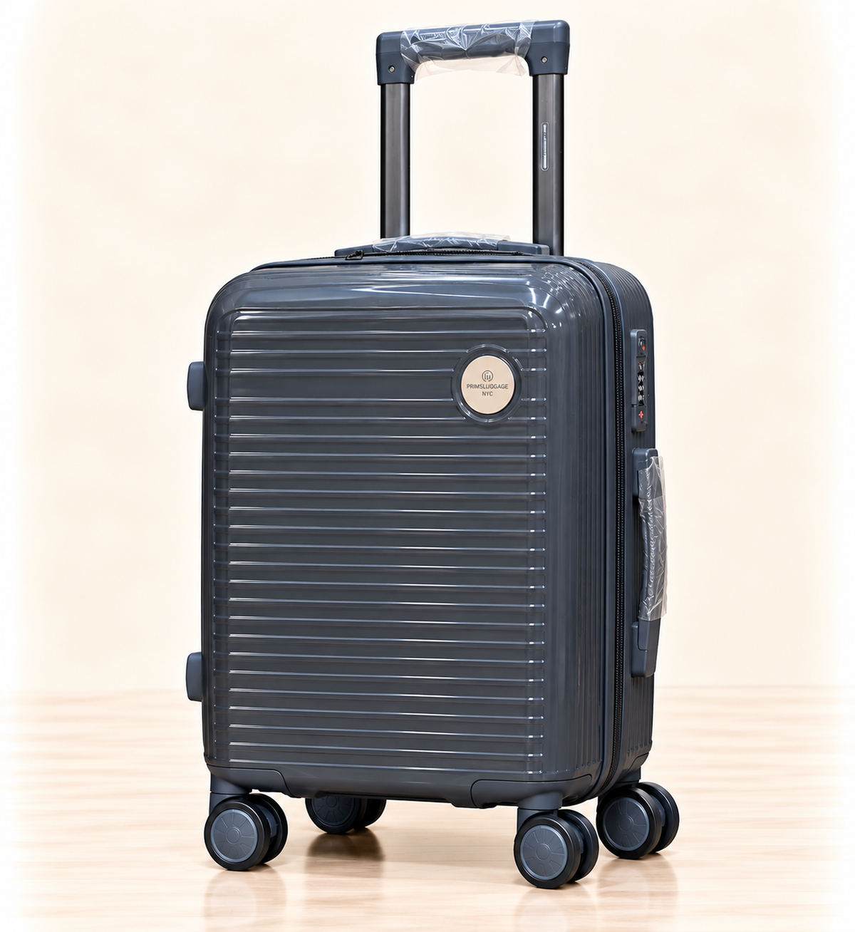 A three-piece pink luggage set consisting of a large spinner suitcase, a medium spinner suitcase, and a matching small handbag, all with telescoping handles and wheels, shown on a light beige background. 